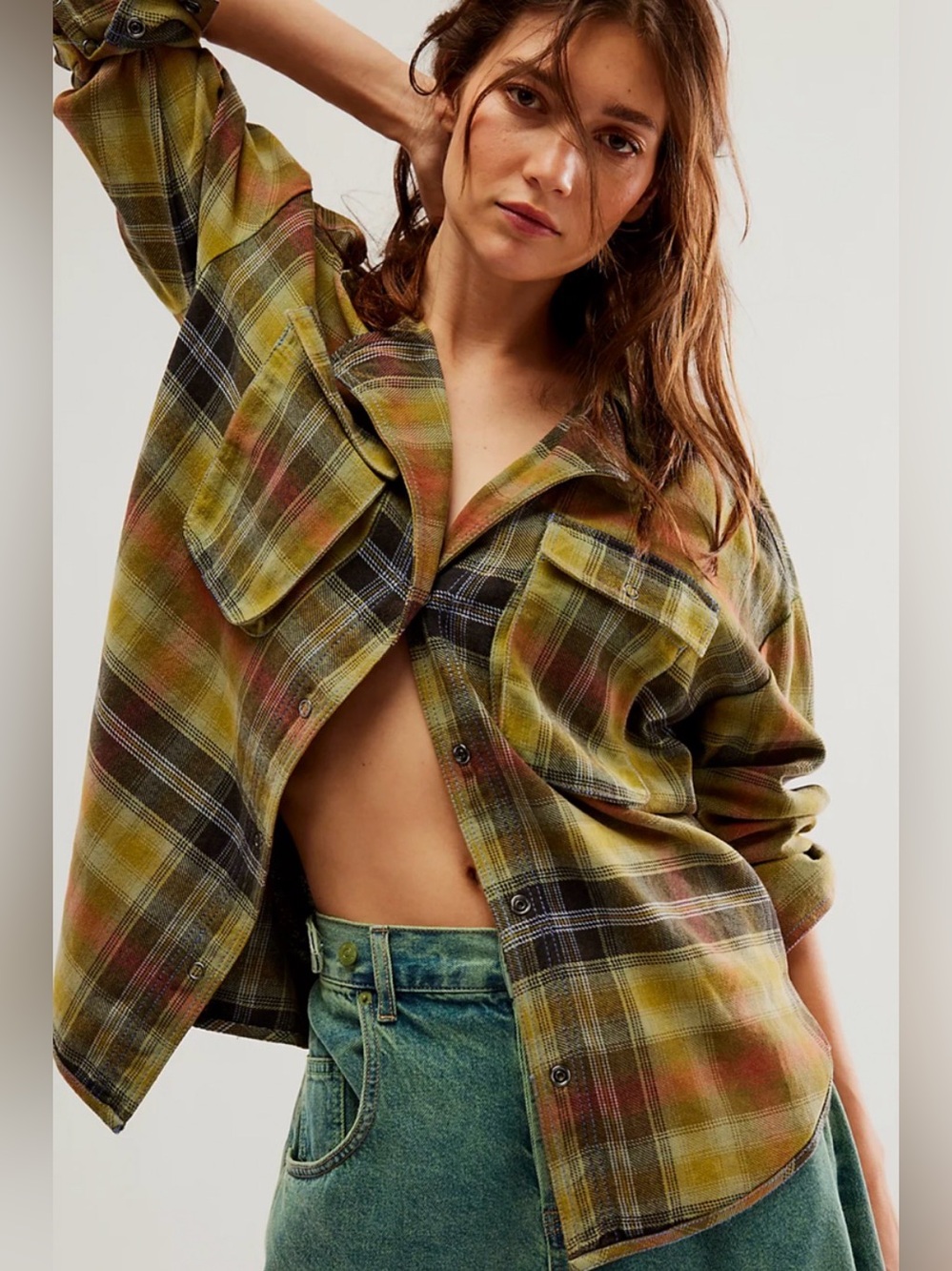 We The Free Izzy Cargo Plaid Flannel Olive Combo xl grunge Shacket